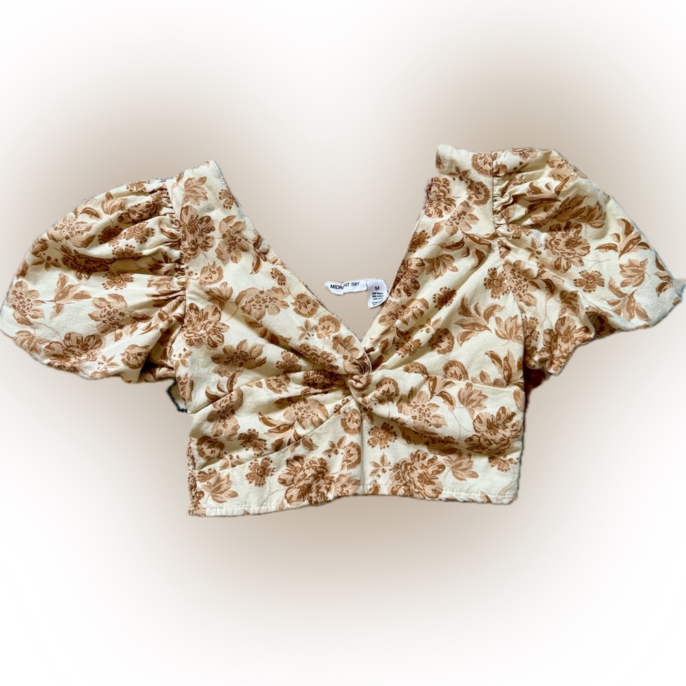 Brown and Cream Ruched Crop Top with Puffed Sleeves